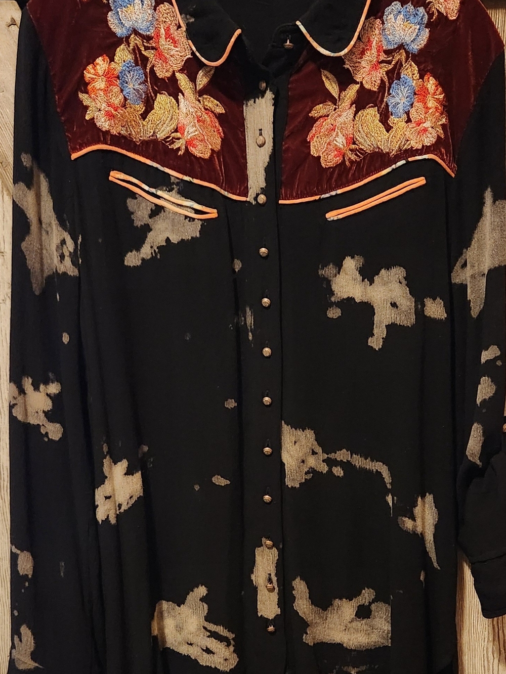 Western Style, Black Top with floral velvet collar area, subtle details.